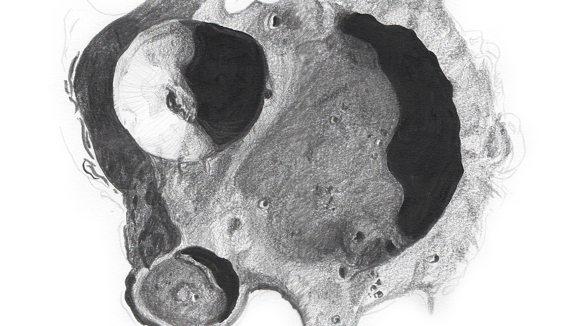 A pencil drawing of the moon’s Resnik crater.